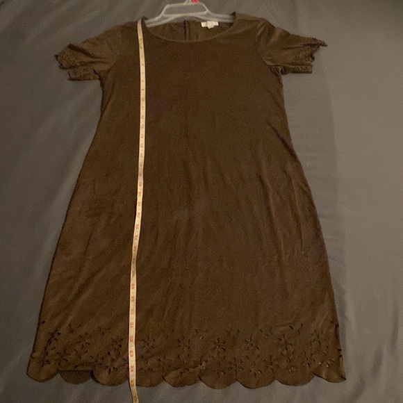 C brand Solid Brown Suede-Like Stretchy Short-Sleeved Dress with Flowery Trim - Picture 12 of 16